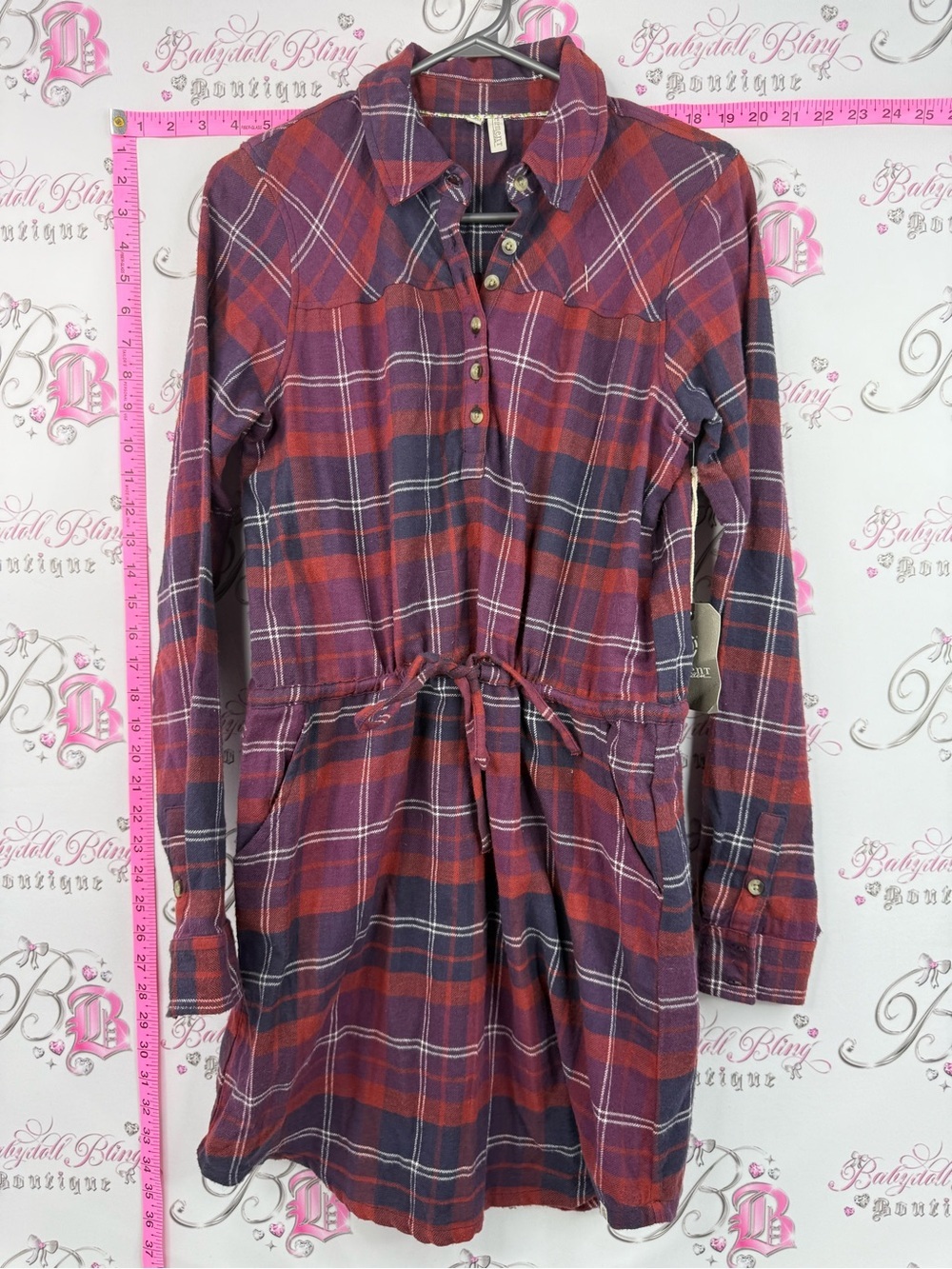 Element dress purple white Red and Navy Plaid Mini Dress tie up waist NEW